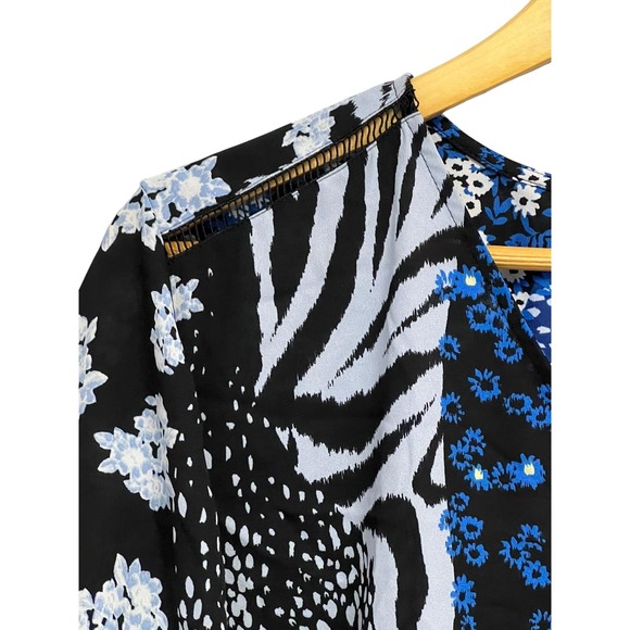 Investments Blouse Womens XL Blue Mixed Floral Zebra Button Front‎ Tie Sleeve - Picture 5 of 14